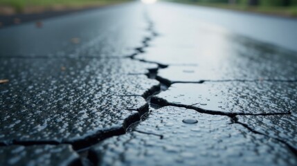Obraz premium Close-up View of a Wet Cracked Asphalt Road Surface After Rain