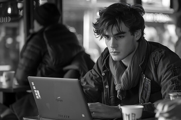 cyber cafe intrigue, in a peaceful caf corner, a man in his s casually hacks networks on a sleek laptop, blending into the relaxed setting as a modern digital warrior