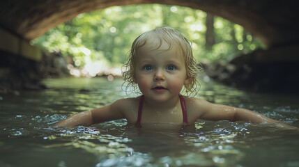 Fototapeta premium A young blonde toddler with blue eyes, wearing swimming attire and playing in the water of an underground stream under a bridge in a forest on a summer day. Full body shot.