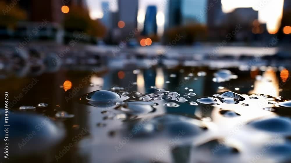 Aufkleber Sparkling raindrops create mesmerizing patterns on the surface of a puddle, reflecting the blurred cityscape lights in the background, showcasing the beauty of nature amidst urban surroundings