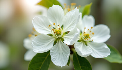 Blooming white flowers with yellow stamens on a branch in soft daylight
