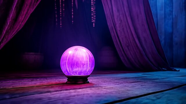 Mystical purple crystal ball on a wooden floor evokes Halloween and fortune-telling themes