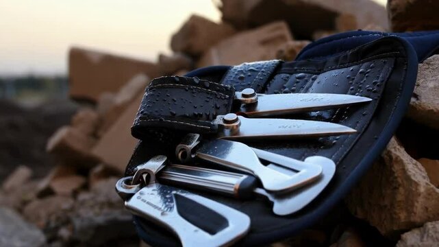 Professional multitool with gleaming metal attachments resting on construction site bricks, showcasing durability and resilience under wet weather conditions
