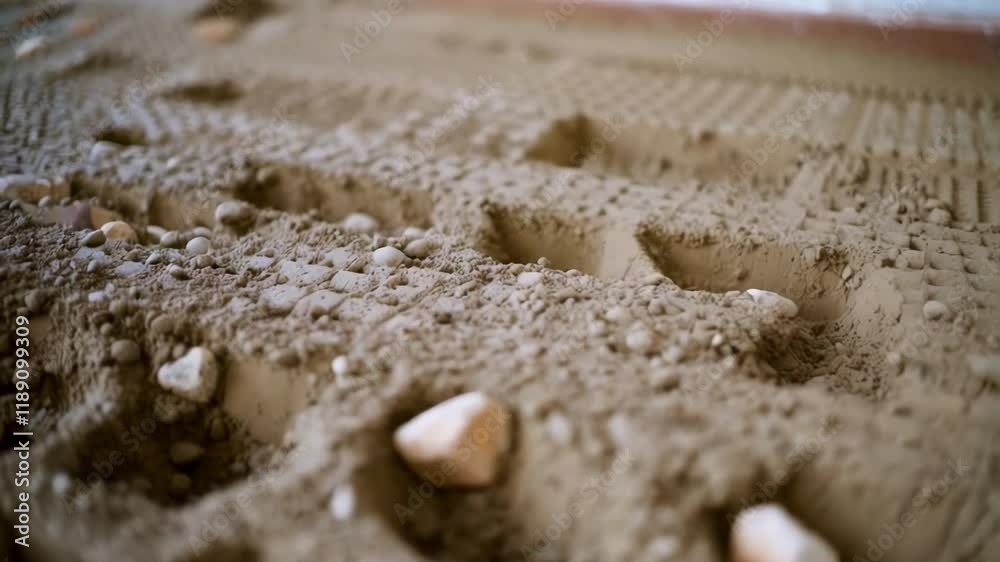 Aufkleber Wet concrete foundation layer spreading across building site, revealing textured surface with embedded small rocks during precision construction process