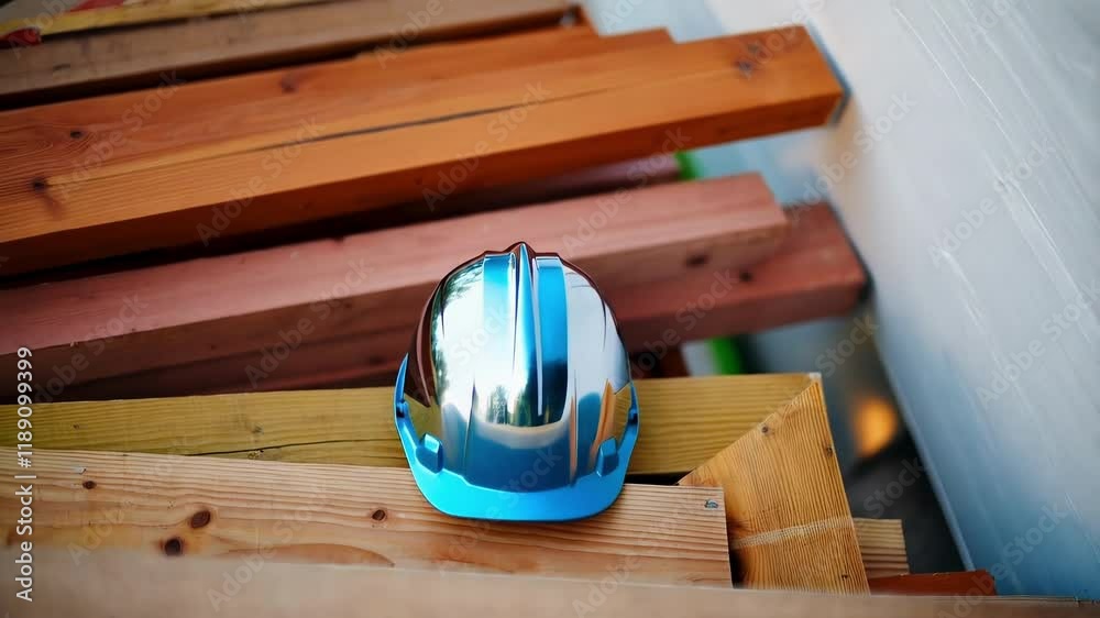 Aufkleber construction safety concept featuring a chrome blue hard hat placed on a stack of lumber at a constr