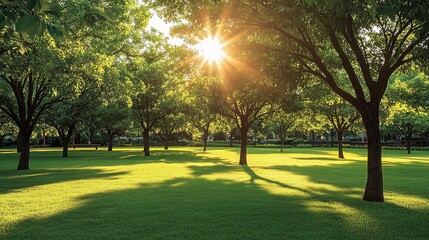 Obraz premium Sunlit Park: Golden hour sunlight streams through lush green trees in a tranquil park, casting long shadows on the vibrant green grass, creating a serene and idyllic scene.