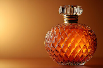 Amber perfume bottle, studio, gold backdrop, luxury