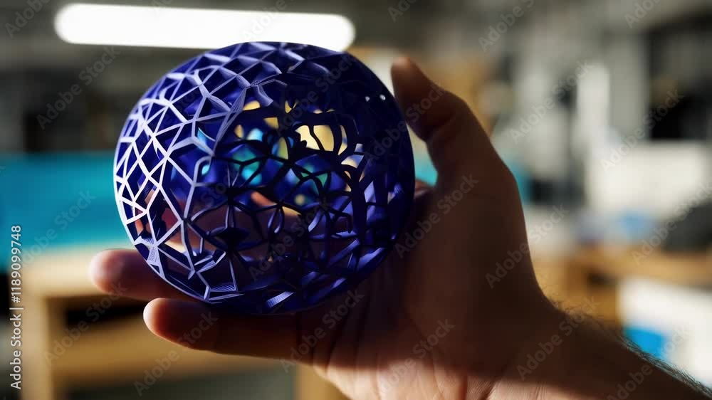 Poster product designer holding freshly 3d printed blue plastic spherical object with intricate geometric p
