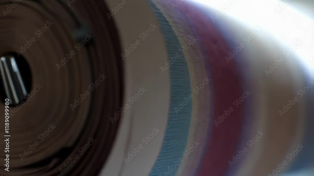 Poster wallpaper roll rotating slowly, showcasing smooth layered texture, with spotlight illuminating subtl