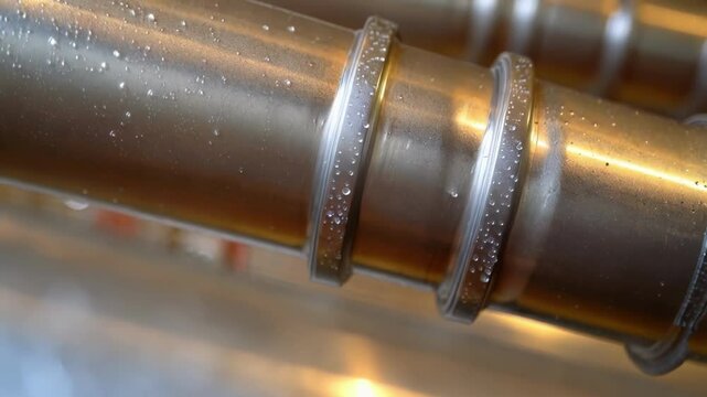 Water droplets condense and adhere to the surface of meticulously joined metal pipes, showcasing precision in construction and potential vulnerability to moisture