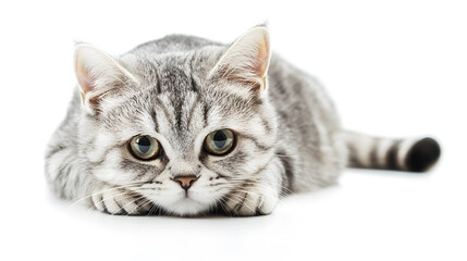 A portrait of a silver tabby British Shorthair cat looking directly at the camera against a white background.