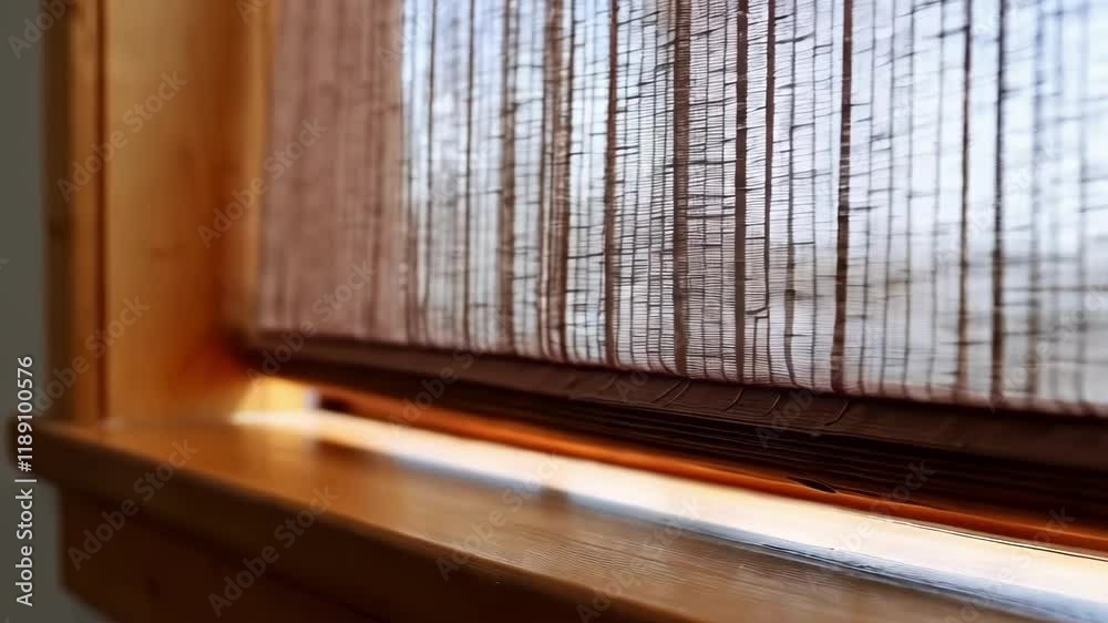 Poster sunlight filters through new woven wood shades, enhancing the warm ambiance of a room with natural l