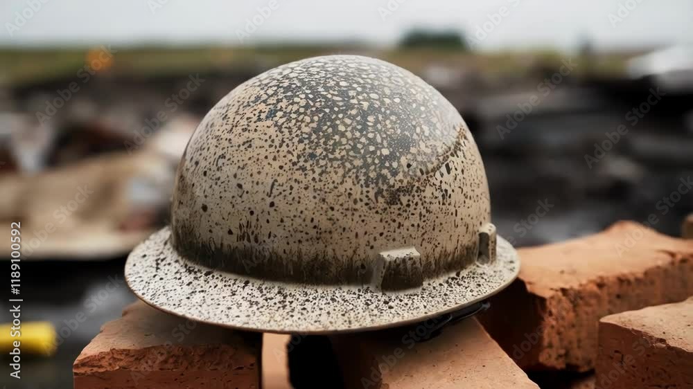 Aufkleber weathered construction helmet resting on brick stack, revealing aftermath of intense labor, mud spla