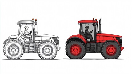 Obraz premium Detailed vector line art of tractor and driver for agricultural purposes