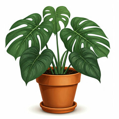 Obraz premium green monstera plant in brown pot on white background illustration