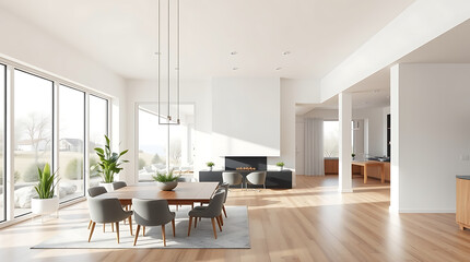 Modern Minimalist House Interior Design: Open Plan Living and Dining Room with Fireplace