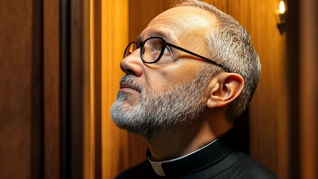 Elderly Caucasian male priest in a church confessional booth, reflecting spirituality and Easter observance