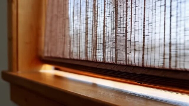 Sunlight filters through new woven wood shades, enhancing the warm ambiance of a room with natural light and texture, showcasing a perfect blend of style and functionality in interior design
