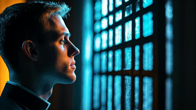 Young Caucasian man in clerical attire gazes thoughtfully through church window spirituality, reflection