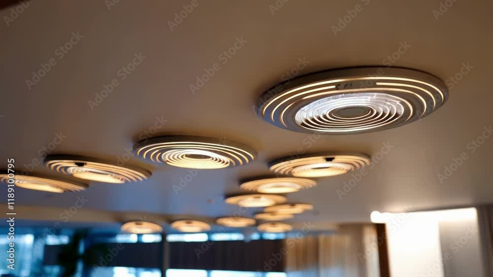Poster Circular led ceiling lights gradually illuminating, creating sophisticated ambient lighting within contemporary hotel lobby, highlighting modern architectural design and innovative interior styling