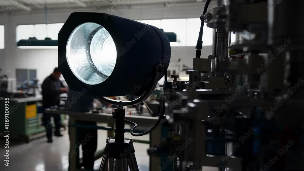 Poster powerful adjustable floodlight, mounted on a tripod, illuminates complex machinery in a factory, cre