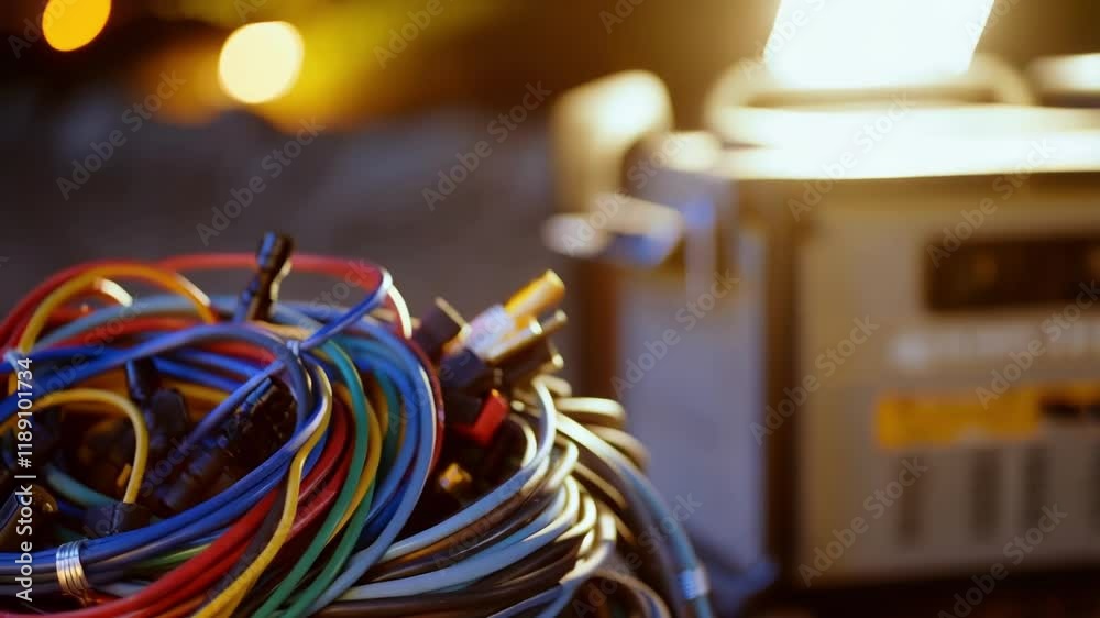 Poster Multiple colorful lighting cables and connectors are bundled together next to a generator, creating a vibrant and organized setup for a construction site or event