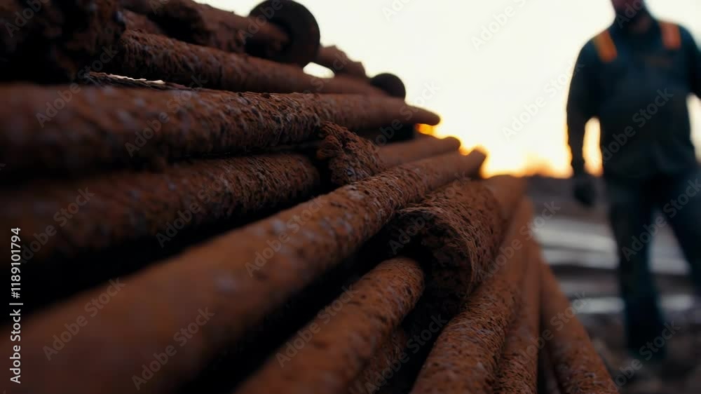 Poster rusty rebar lies in a pile at a construction site, a worker walks in the blurred background, illumin