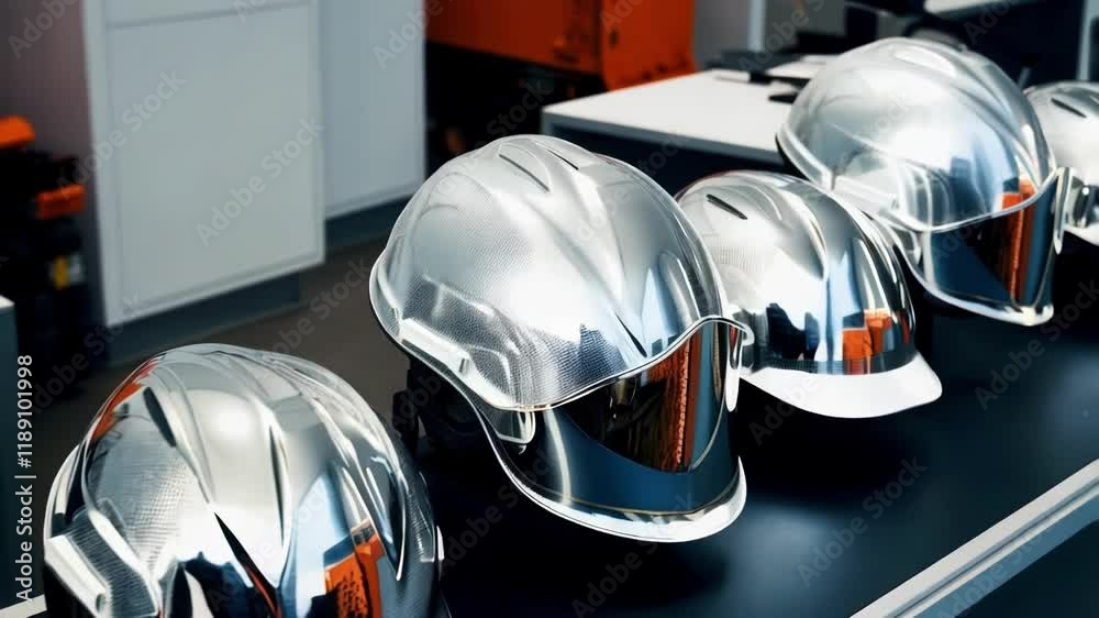Poster multiple shiny silver hard hats with integrated visors are neatly arranged on a table, possibly in a