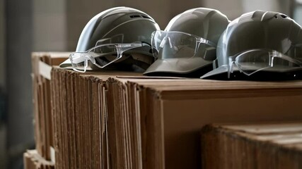 Construction safety equipment, including helmets and protective glasses, lies on a stack of cardboard boxes, emphasizing workplace safety and preparedness