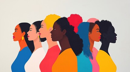 Diverse women stand united in profile view. Colorful stylized figures represent health equity. Visual social support, empowerment for. Image promotes diversity, equality. Focus on inclusivity,
