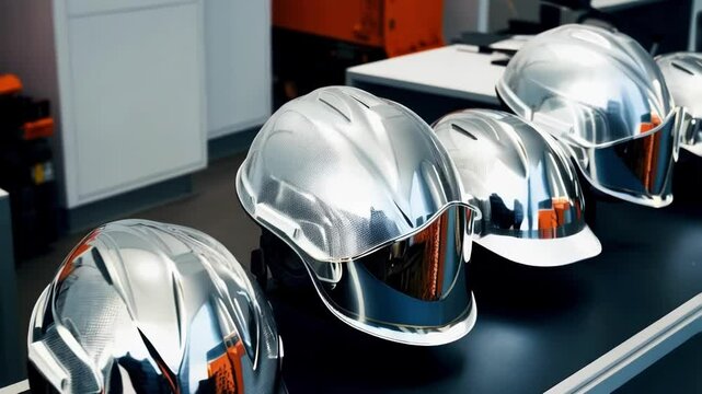 Multiple shiny silver hard hats with integrated visors are neatly arranged on a table, possibly in a logistics or coordination center, suggesting a focus on workplace safety