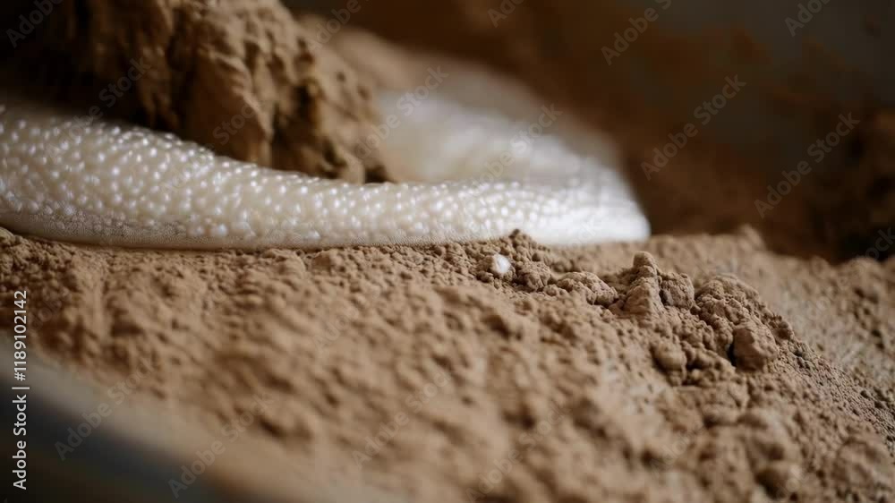 Poster wet concrete mix is pouring, creating a smooth, glossy surface with tiny air bubbles rising, indicat