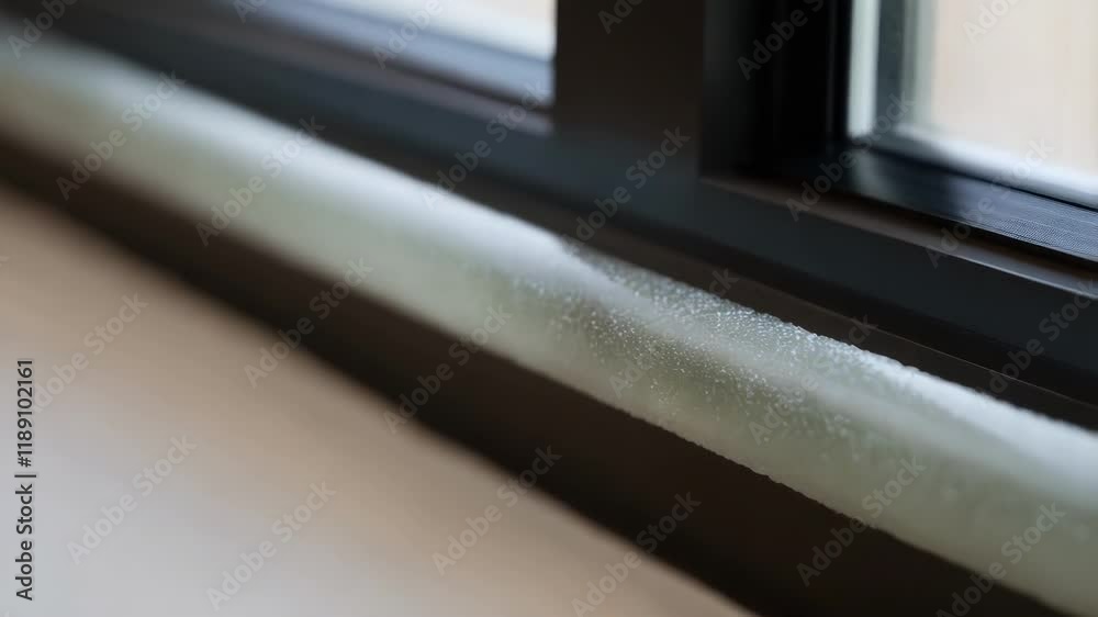 Aufkleber Condensation droplets accumulating on the warm edge spacer bar of a triple pane window, highlighting its thermal performance and potential issues with moisture