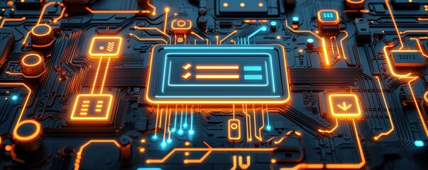 Futuristic circuit board illustration with glowing elements representing registration and approval
