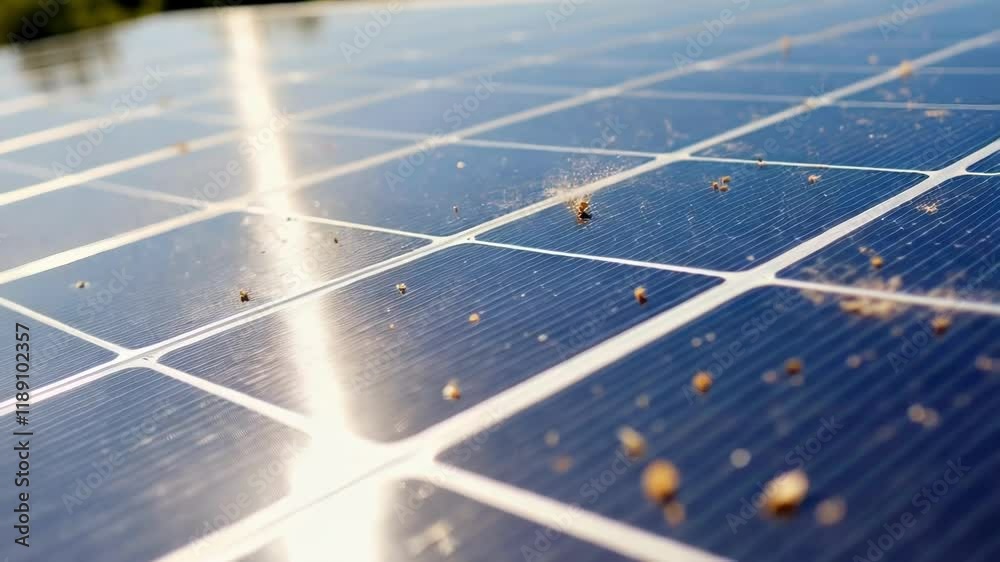 Aufkleber Sunlight casting reflection on dusty solar panel surface, revealing performance degradation and importance of regular maintenance for maximizing renewable energy generation efficiency