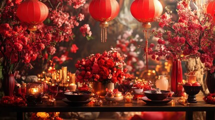 created Chinese New Year banquet table, adorned with intricate floral centerpieces, red lanterns, and traditional decorations, setting the stage for a joyful and prosperous feast.