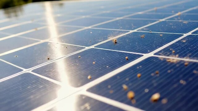 Sunlight casting reflection on dusty solar panel surface, revealing performance degradation and importance of regular maintenance for maximizing renewable energy generation efficiency