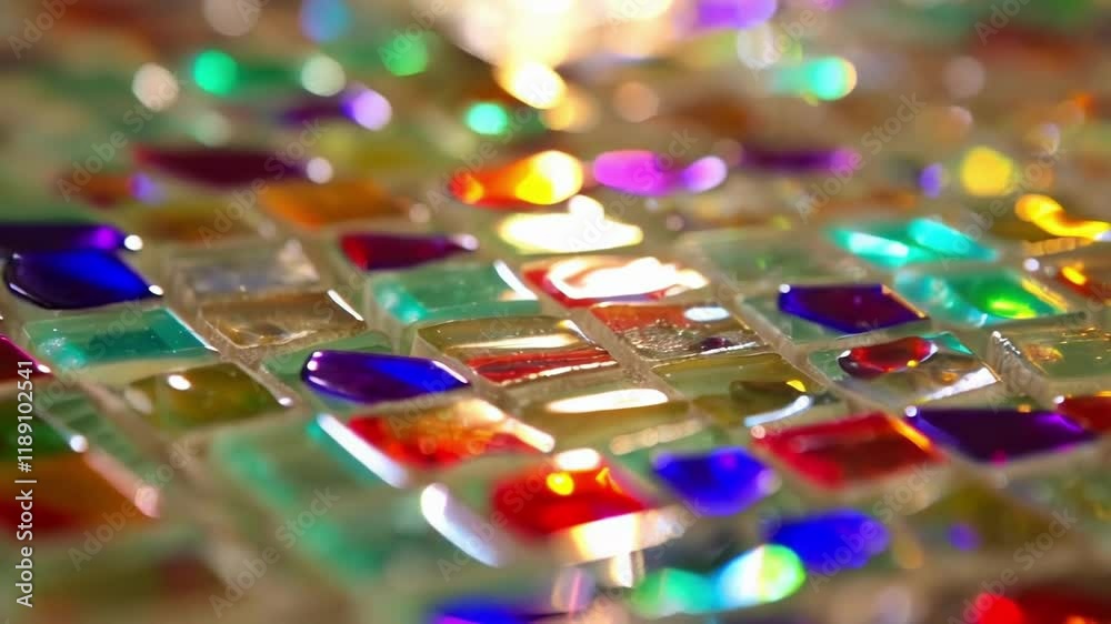 Poster Light reflecting on colorful recycled glass tiles creates a mesmerizing play of vibrant hues and sparkling reflections, adding an artistic touch to any space