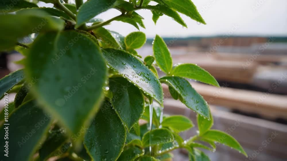 Poster refreshing water droplets cascade from the vibrant green leaves of a plant, subtly contrasting with 