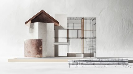architectural model of a house with blueprints