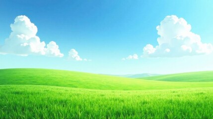 Obraz premium Serene Landscape Rolling Green Hills Under a Bright Blue Sky with Fluffy White Clouds