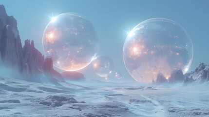 A futuristic desert with metallic sand dunes and glowing, hovering orbs.