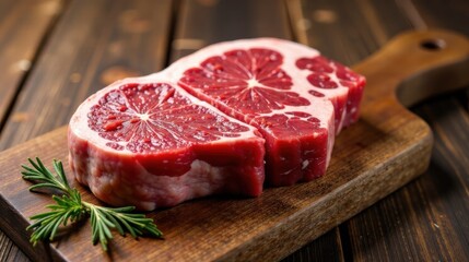 Obraz premium Delicious raw beef steak on a wooden board with rosemary