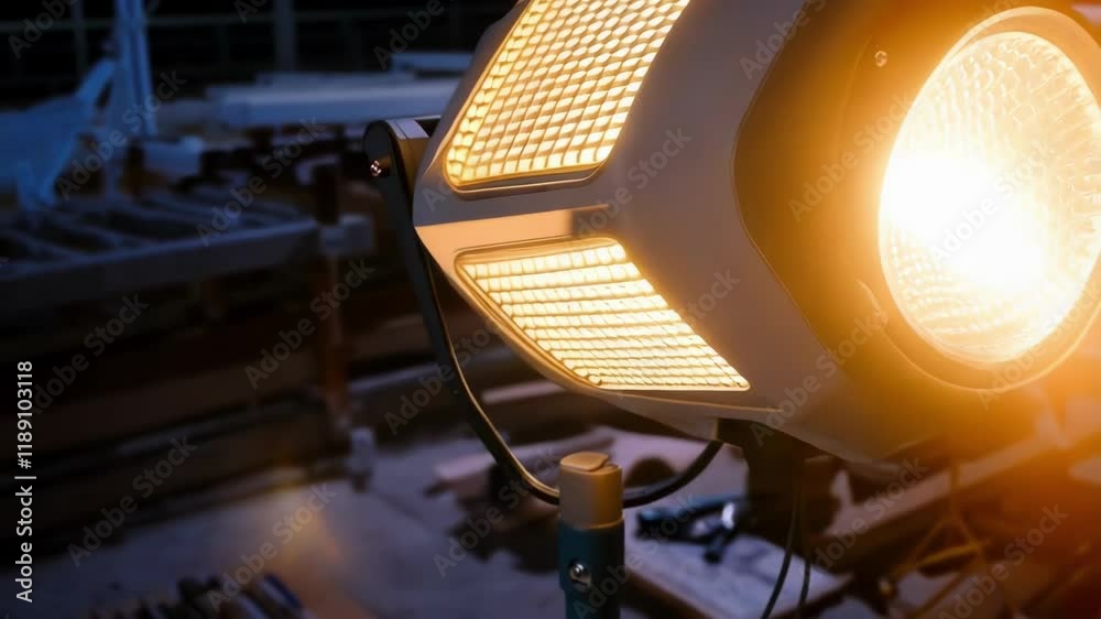Poster Bright construction light illuminating a dimly lit worksite, creating a warm glow and enhancing visibility for workers during nighttime operations