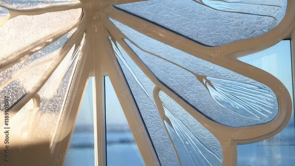 Aufkleber Sunlight streams through a uniquely designed butterfly shaped window, showcasing translucent materials and intricate details in a modern architectural setting