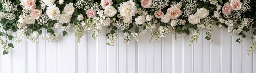 White and pink flowers hanging from a white wall in a natural and serene indoor setting valentine day
