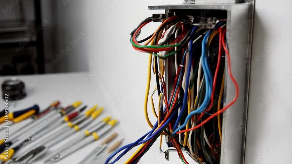 Poster colorful electrical wires protrude from a junction box mounted on a white wall, with electrician too