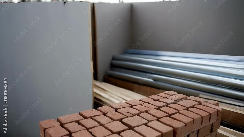 Leinwandbilder Construction site featuring neatly stacked red bricks, camera zooming in to highlight building materials and ongoing project development with precise architectural details