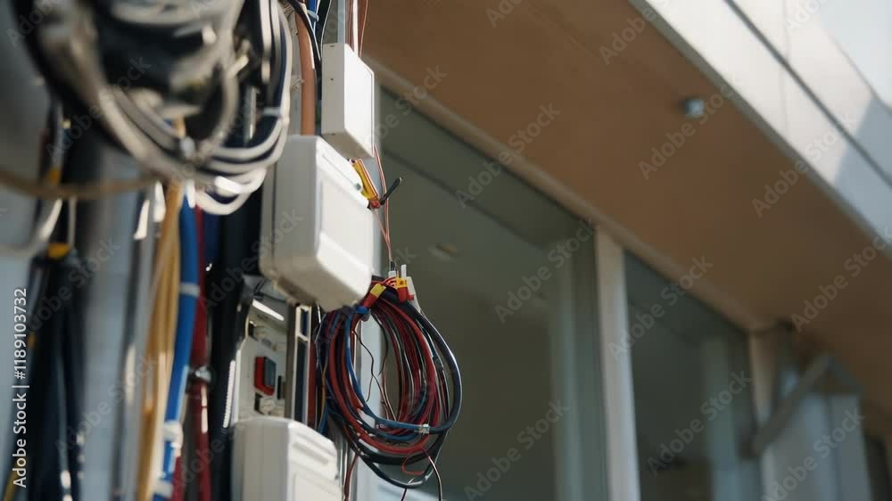 Poster electrical infrastructure, featuring an electrical panel with various cables and wires, is attached 