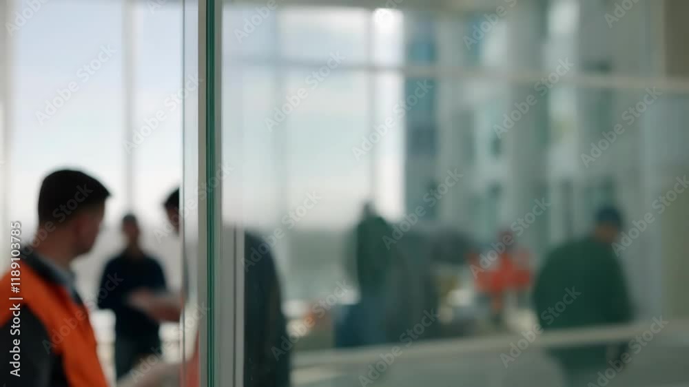 Aufkleber blurred figures of construction workers wearing safety vests are visible through a reflective glass 